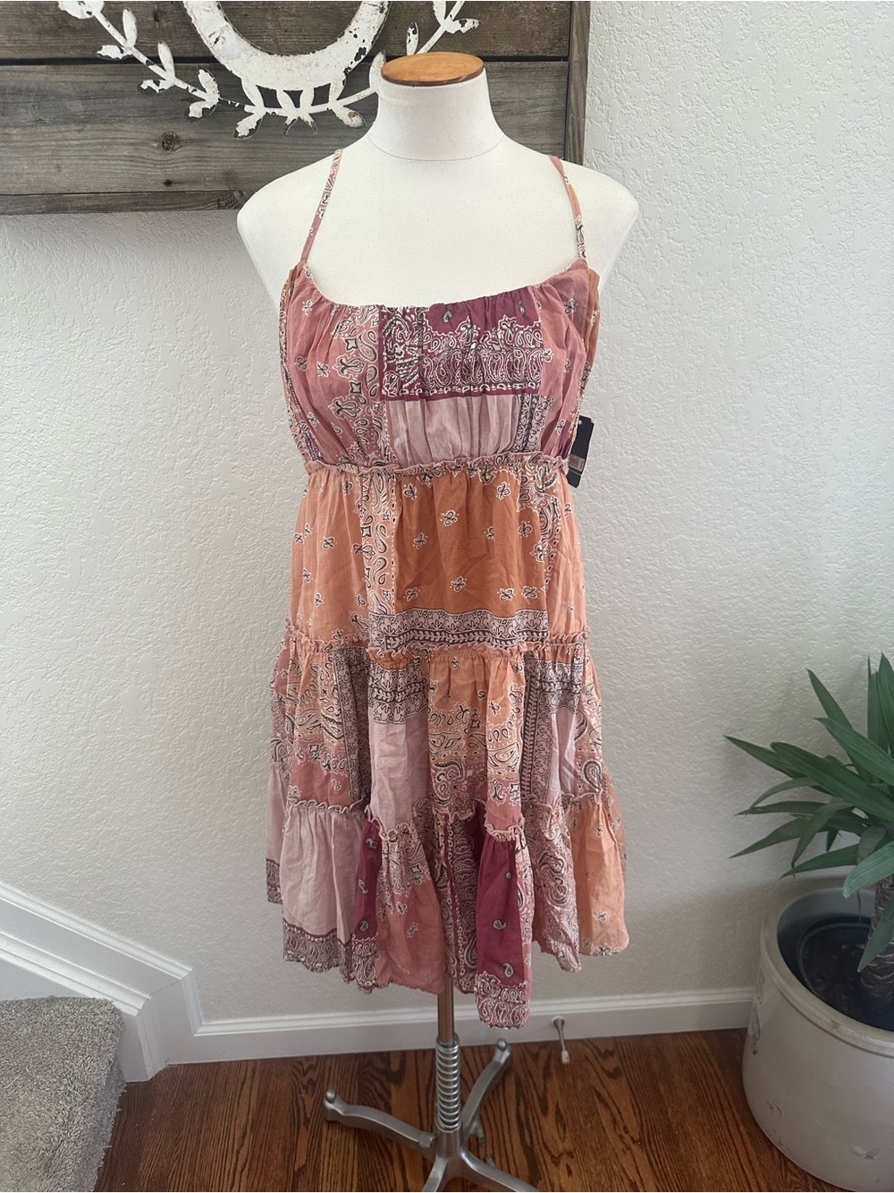 Lucky Brand Cotton Patchwork Spaghetti Strap Babydoll Dress XS NWT